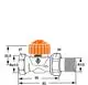 Thermostatventilunterteil von IMI Hydronic Engineering mit orangefarbenem Drehkopf und Anschlussgewinden. Abmessungen sind im technischen Diagramm dargestellt.